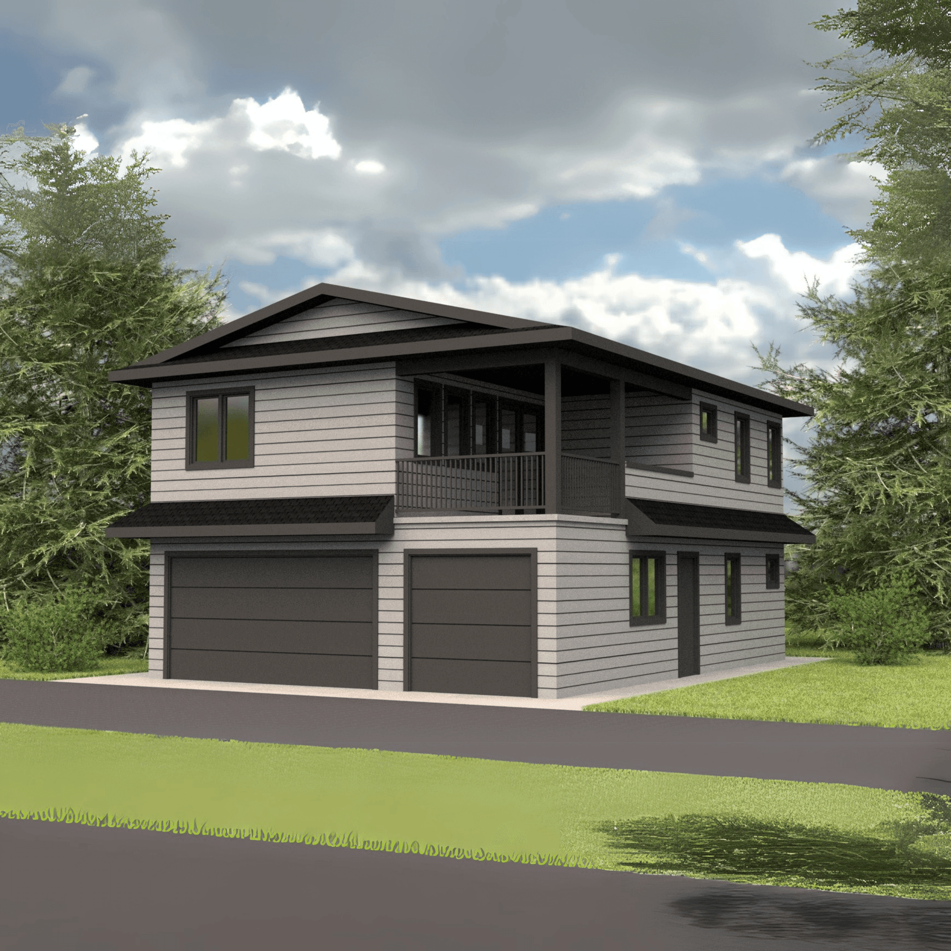 Modern two-story house with a gray exterior, surrounded by trees and a cloudy sky.